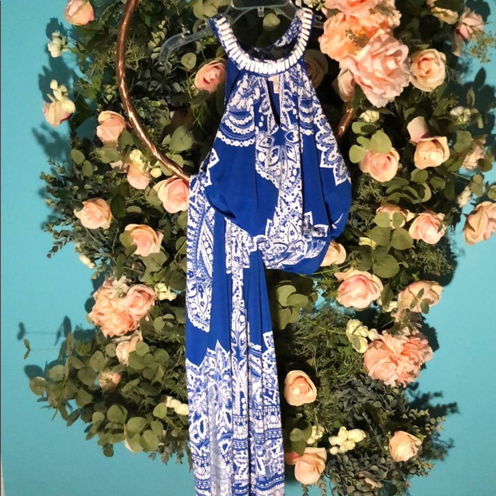 Blue sundress with amazing white detail!